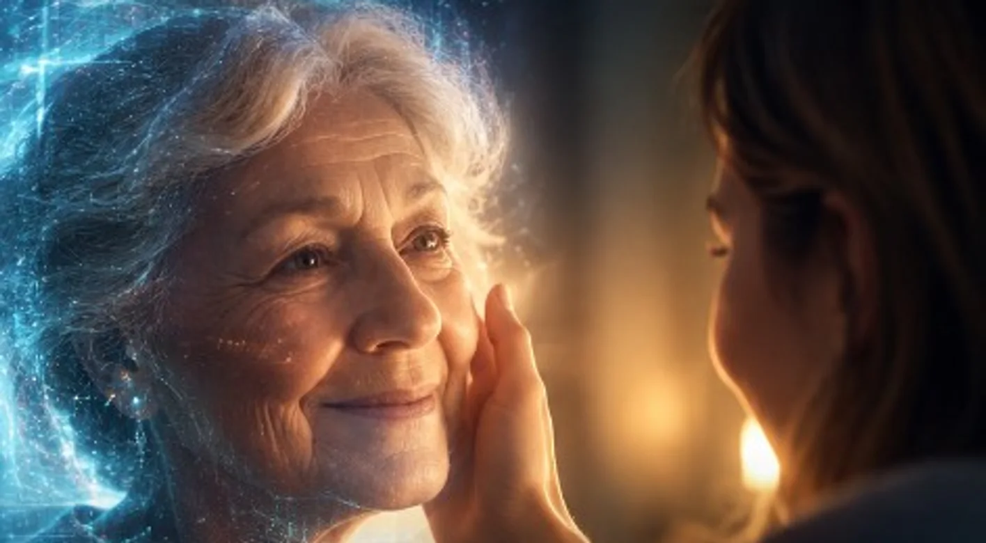 An older woman shares a close, quiet moment with a younger family member.